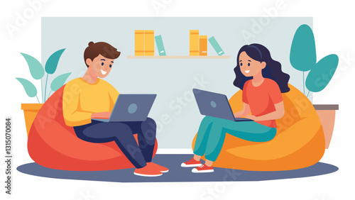 Two teenagers sit on beanbag chairs in a comfortable living room heads close together as they type away on their respective laptops deep in conversation about their coding project.. Vector