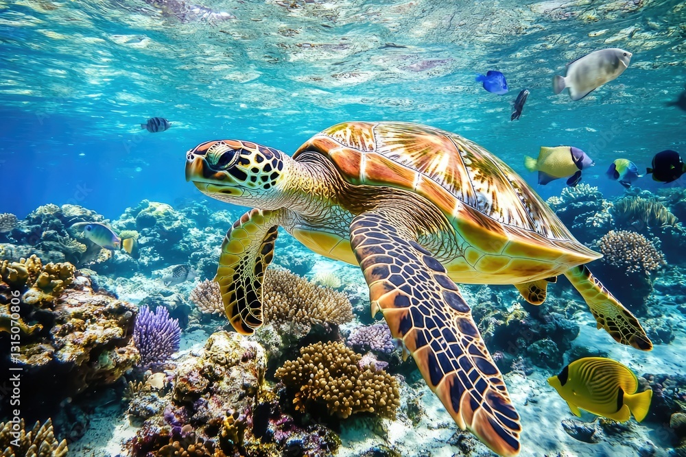 Fototapeta premium Hawksbill Sea Turtle Swimming Amidst Vibrant Coral Reefs in the Maldives, Showcasing Tropical Aquatic Life