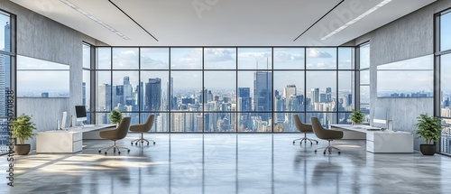 Bright modern office interior with cityscape view from large windows providing a sense of spaciousness and productivity and comfortable chairs