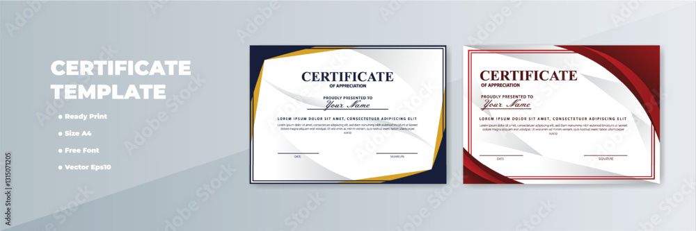 Obraz premium Two A4 certificate templates; white background, gold/red accents; gray backdrop