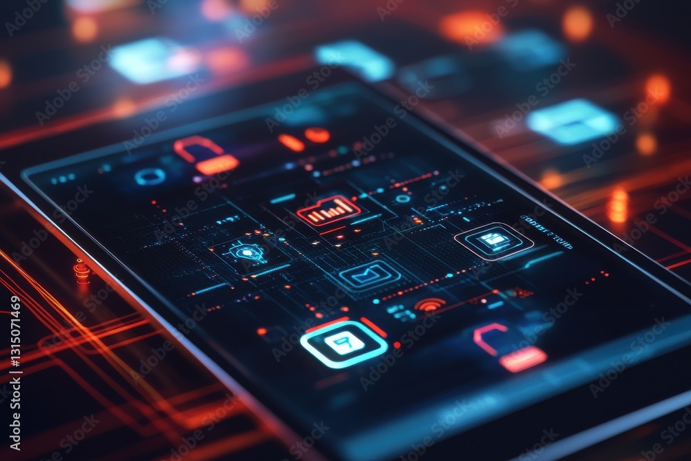 A close up of a smartphone screen displaying various digital icons and glowing lines in a dark setting A close up of a smartphone screen displaying various digital icons and glowing lines in a dark setting