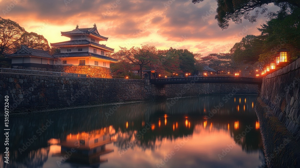 Obraz premium Japanese Castle Surrounded by Lantern-Lit Moat at D Standard V2 6x.