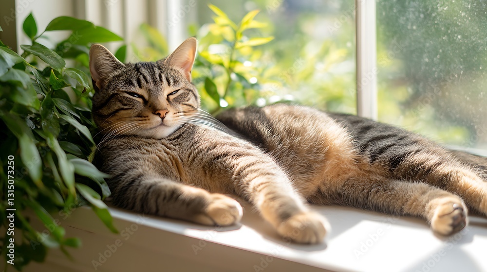 Tabby cat relaxing on sunny window sill near houseplant. Tabby cat relaxing on sunny window sill near houseplant.