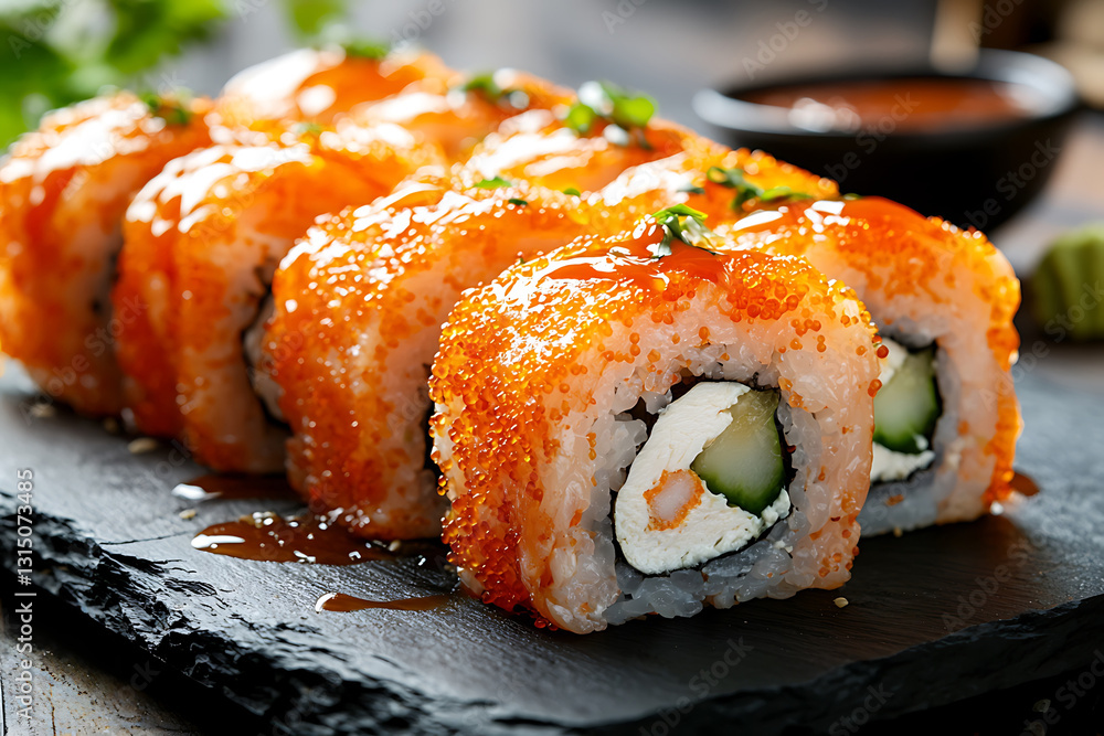 Delicious sushi rolls with orange roe filled with cream cheese and cucumber elegantly presented on a dark stone plate with sauce. Delicious sushi rolls with orange roe filled with cream cheese and cucumber elegantly presented on a dark stone plate with sauce.