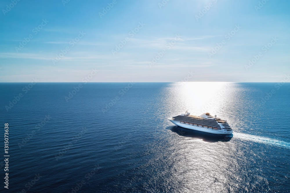 Naklejka premium majestic cruise liner glides across open ocean under clear blue sky its white hull contrasting against deep azure water