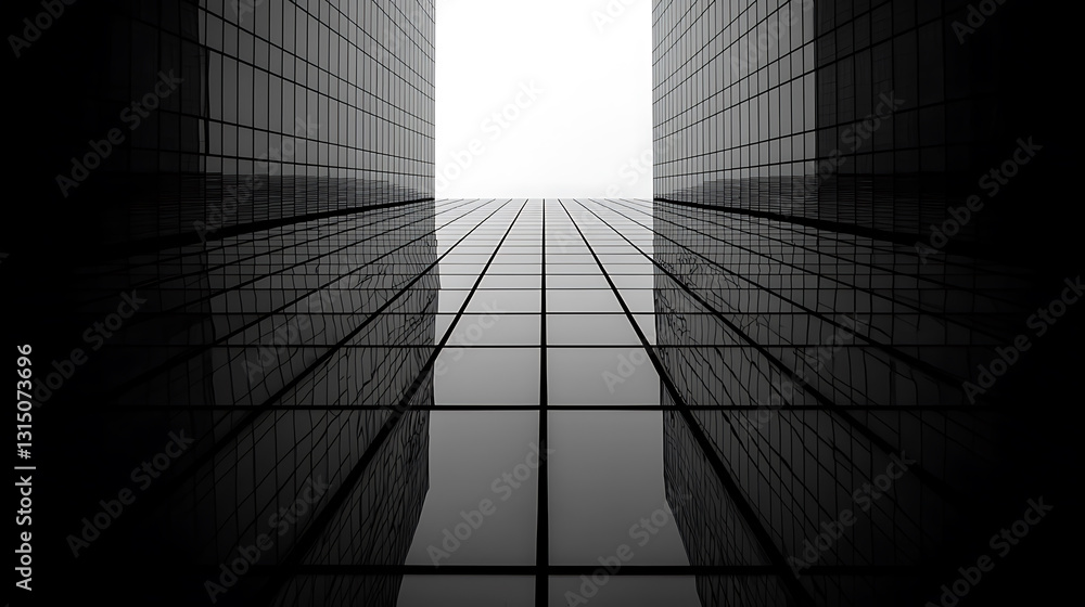 Low-angle black and white view of skyscrapers converging towards a bright rectangular opening above The building's grid pattern is subtly reflected. Low-angle black and white view of skyscrapers converging towards a bright rectangular opening above The building's grid pattern is subtly reflected.
