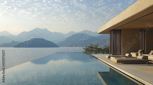 Infinity pool blending seamlessly with a serene lake and misty mountains under a soft cloudy sky.