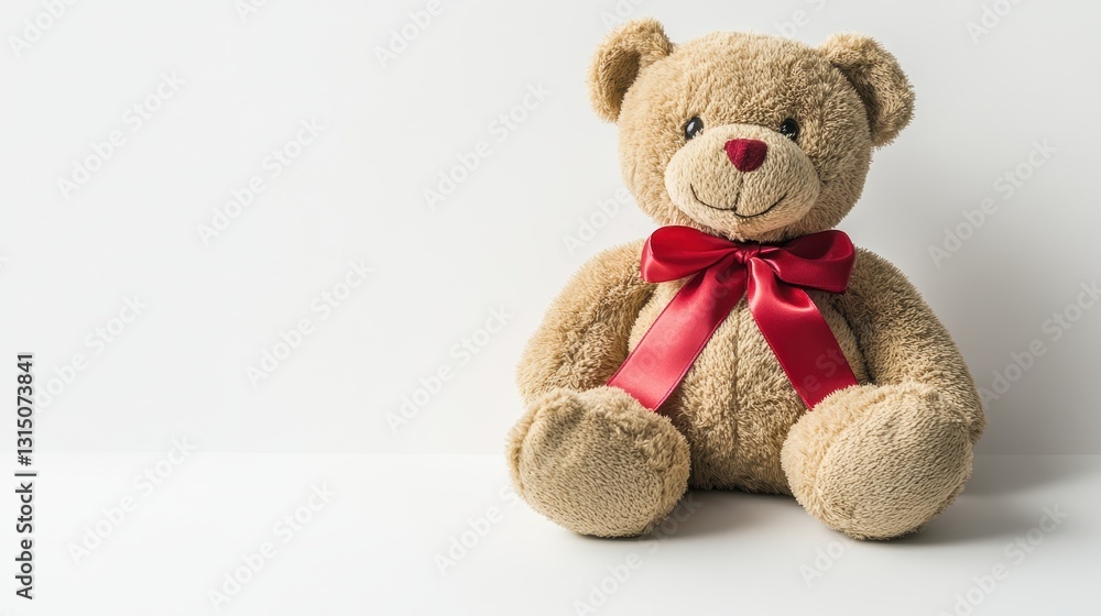 Fototapeta premium A teddy bear with a red ribbon on its neck placed on a white isolated background