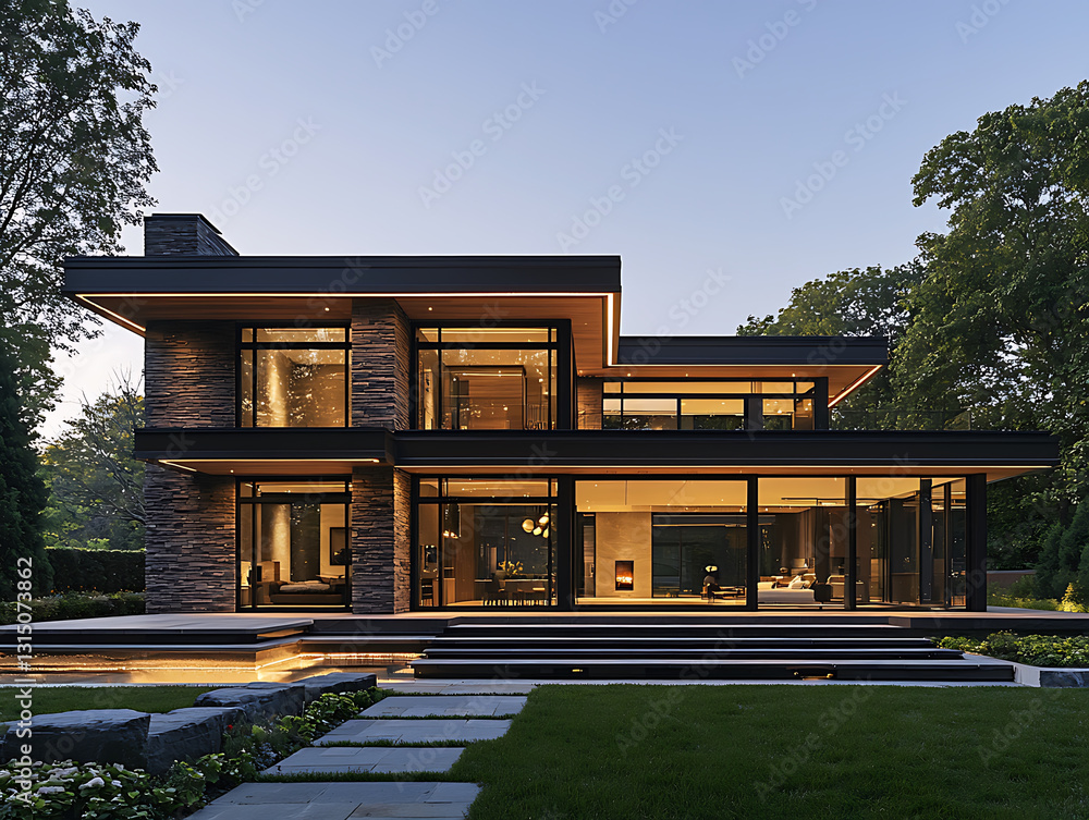 Modern house with layered design stone and wood accents large windows outdoor steps and green lawn at dusk. Modern house with layered design stone and wood accents large windows outdoor steps and green lawn at dusk.