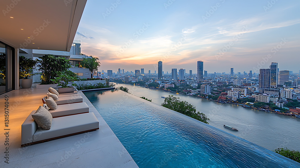 Naklejka premium Rooftop infinity pool overlooks a sprawling city and winding river at dusk casting a warm light.