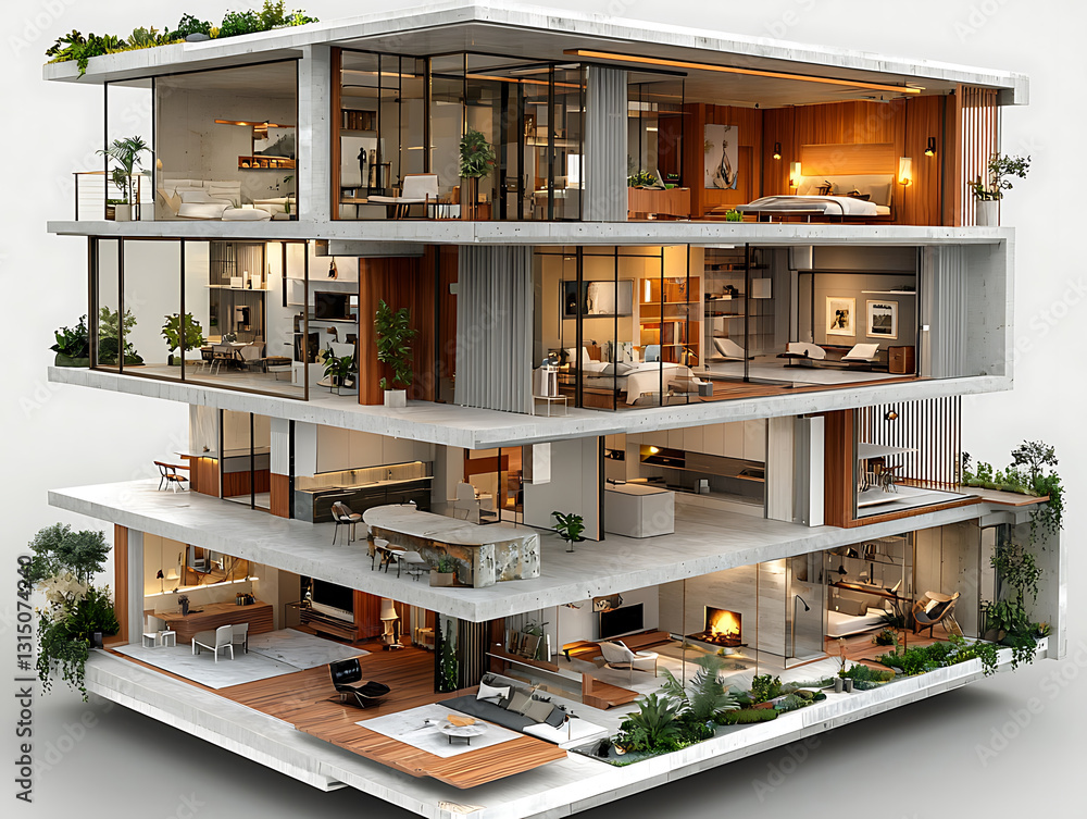 Three-story modern home design showcasing open floor plans natural light and clean architectural lines offering a glimpse inside a stylish living space. Three-story modern home design showcasing open floor plans natural light and clean architectural lines offering a glimpse inside a stylish living space.