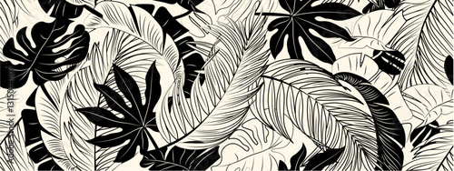 Tropical vector leaves seamless pattern. Black and white