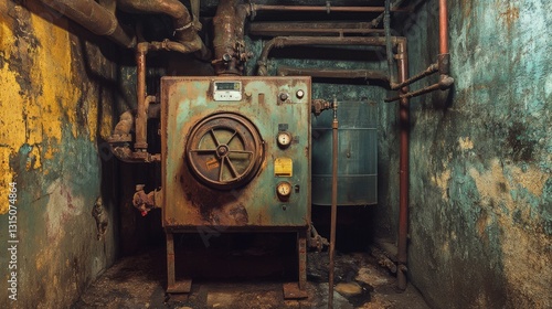 Rustic Basement Boiler: An Antique Furnace with Dripped Heat Control Equipment