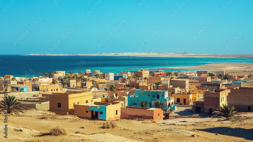 Scenic Daytime View of Dakhla: A Vibrant City in Western Sahara with Coastal Atlantic Architecture Beneath Clear Blue Skies Scenic Daytime View of Dakhla: A Vibrant City in Western Sahara with Coastal Atlantic Architecture Beneath Clear Blue Skies