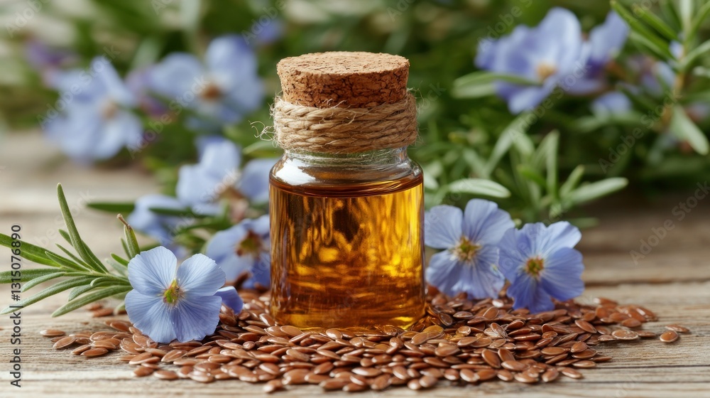 Natural flaxseed oil in small glass bottle Natural flaxseed oil in small glass bottle