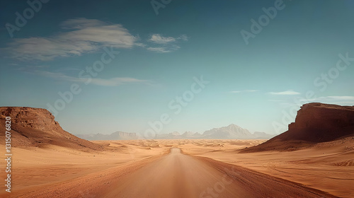 Vast Expansive Desert Landscape With Dirt Road Leading Towards Distant Mountains Under Blue Sky With Scenic Rock Formations