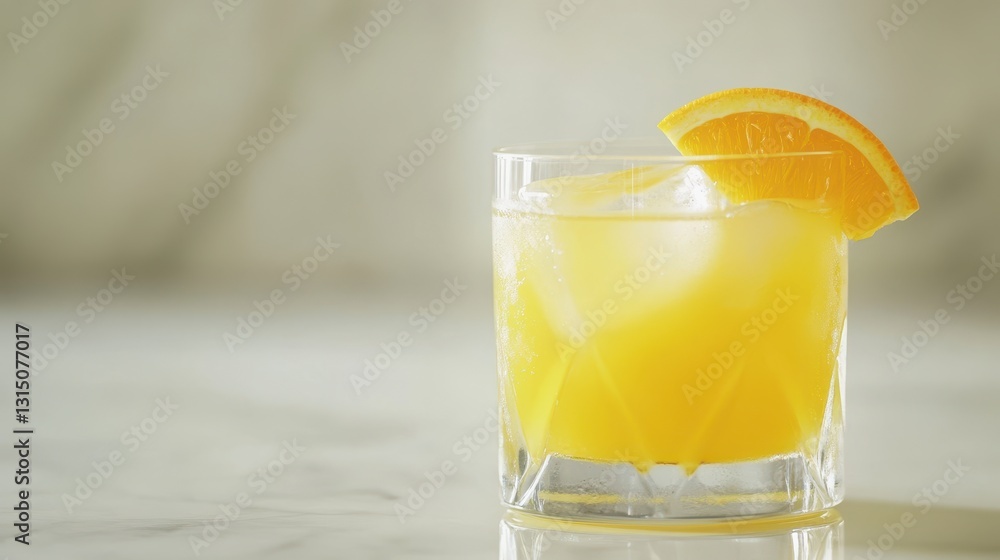 A glass of freshly squeezed orange juice with an orange wedge on a white isolated background A glass of freshly squeezed orange juice with an orange wedge on a white isolated background