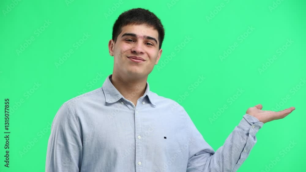 Man, close-up, on a green background, pointing up Man, close-up, on a green background, pointing up