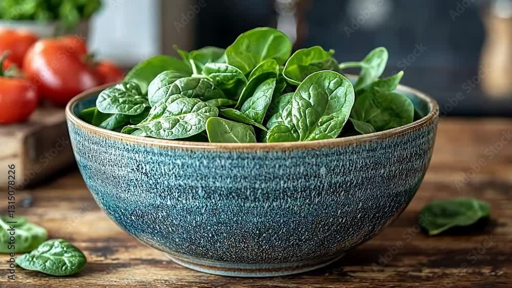 Fresh spinach in a bowl on a wooden table. Possible use Cooking, healthy eating Fresh spinach in a bowl on a wooden table. Possible use Cooking, healthy eating