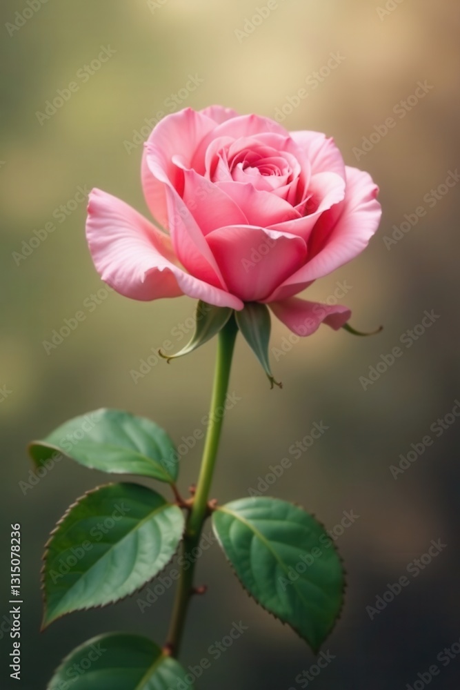 A Single Delicate Pink Rose in Soft Lighting, Gracefully Presented on a Stem with Lush Green Foliage A Single Delicate Pink Rose in Soft Lighting, Gracefully Presented on a Stem with Lush Green Foliage