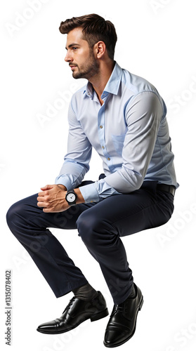 A sitting young man wearing a blue shirt and black pants, isolated over transparent background, PNG, cutout ready for architectural visualisation