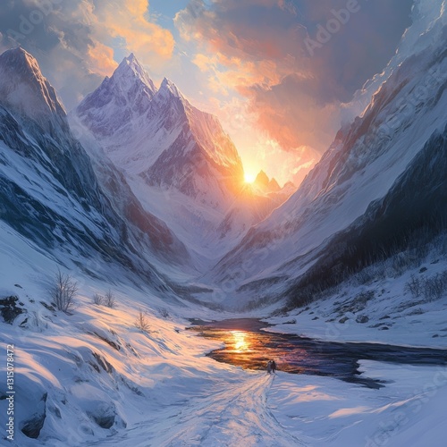 A mountain range with a river running through it. The sun is setting behind the mountains, casting a warm glow on the snow. The scene is peaceful and serene