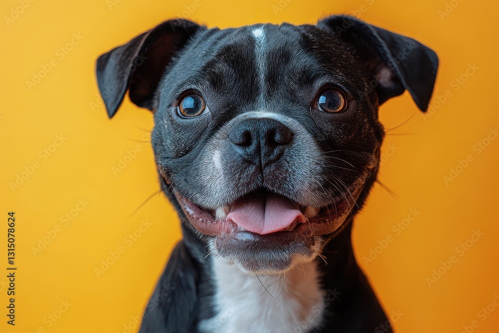 Happy american bulldog mix dog portrait on a solid bright yellow background Happy american bulldog mix dog portrait on a solid bright yellow background