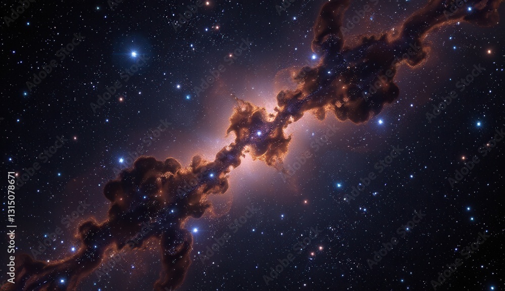 Fototapeta premium This striking digital artwork presents a dynamic and dramatic cosmic scene, showcasing a luminous, central nebula amidst a vast star field