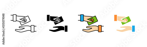 A series of icons showing hands exchanging money in different styles and color variations.