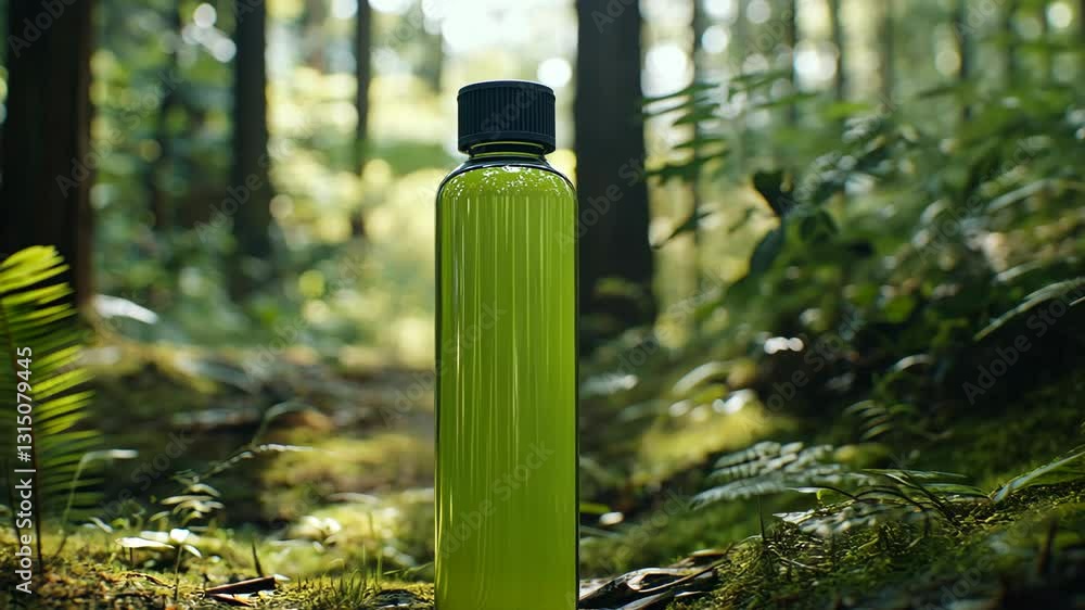 Green bottle stands out in vibrant forest environment during sunny daylight Green bottle stands out in vibrant forest environment during sunny daylight