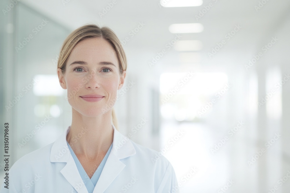 nurse confidently looking at camera while standing in bright minimalist hospital corridor nurse confidently looking at camera while standing in bright minimalist hospital corridor