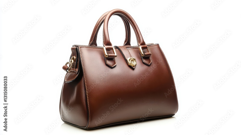 A high-end leather handbag with gold hardware on a white isolated background A high-end leather handbag with gold hardware on a white isolated background