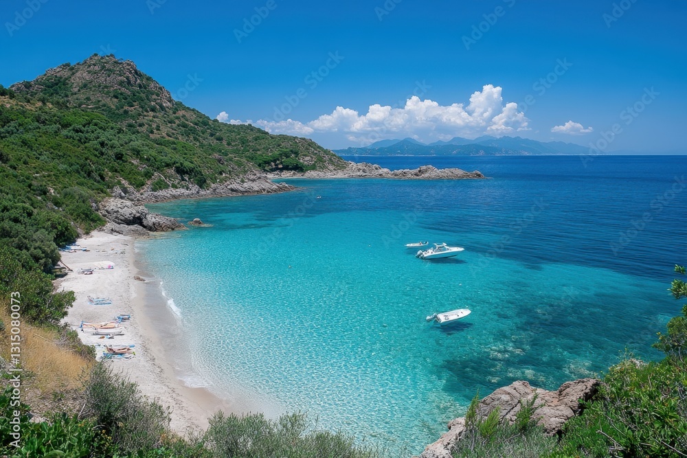 Obraz premium Scenic Coastal View of Turquoise Water Beach with Boats on a Sunny Day in Corsica France Vacation Destination