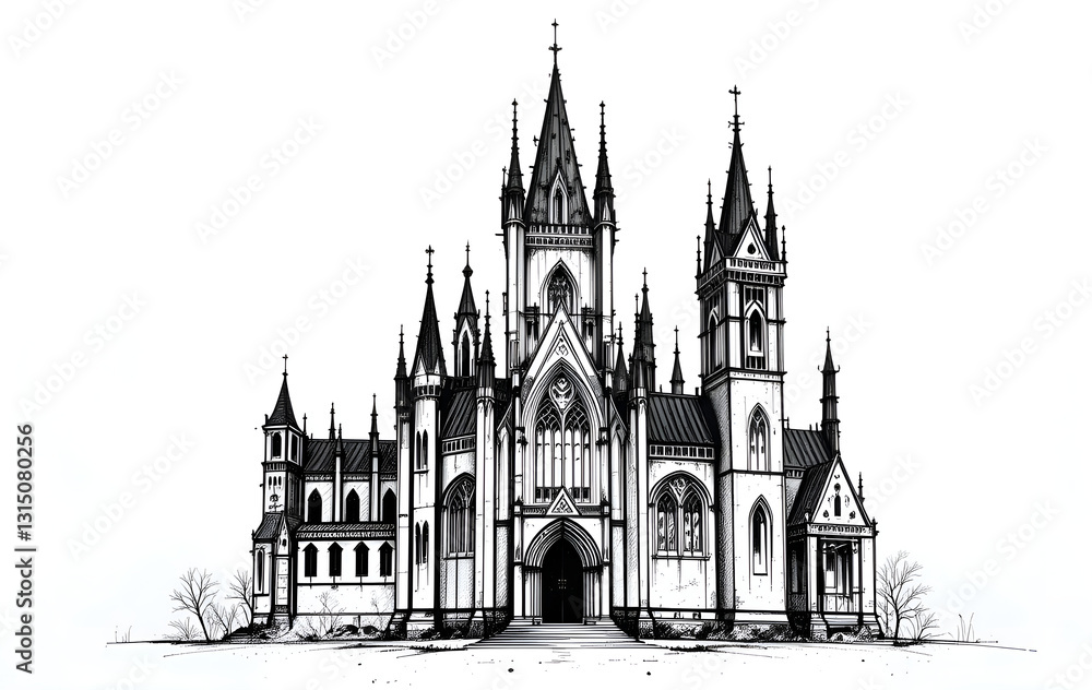 Naklejka premium Fantasy Castle Pencil Sketch, Black and White Drawing