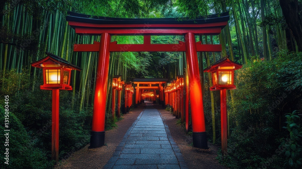 Lantern-lit torii gate surrounded by bamboo at twilight Lantern-lit torii gate surrounded by bamboo at twilight