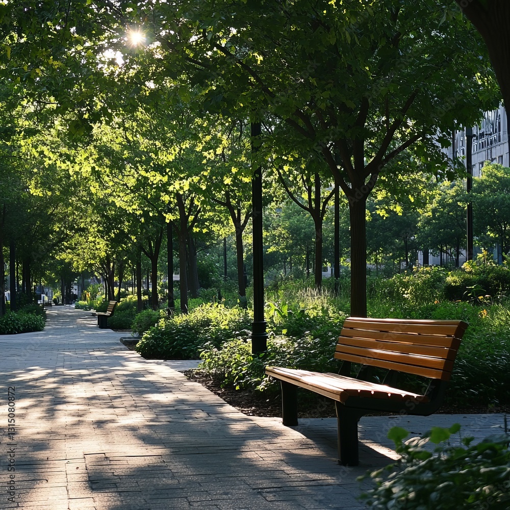 A peaceful park pathway surrounded by lush green trees, offering a serene escape from city life. Sunlight filters through the foliage, creating a tranquil atmosphere. A peaceful park pathway surrounded by lush green trees, offering a serene escape from city life. Sunlight filters through the foliage, creating a tranquil atmosphere.