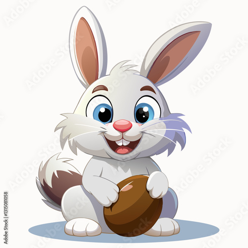 Adorable Cartoon Rabbit Holding Chocolate Easter Egg with Expressive Eyes and Buck Teeth.