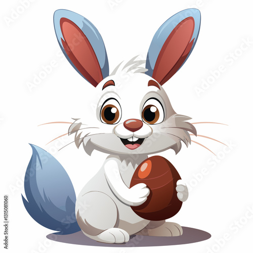 Adorable Cartoon Rabbit Holding Chocolate Easter Egg with Expressive Eyes and Buck Teeth.