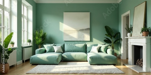 Serene Green Living Room with Sectional Sofa and Natural Light