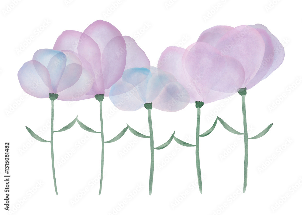 Group of purple watercolor flowers on white background. Conceptual watercolor illustration about togetherness, friendship and unity.