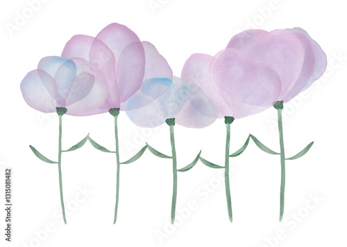 Obraz na płótnie Group of purple watercolor flowers on white background. Conceptual watercolor illustration about togetherness, friendship and unity. w salonie