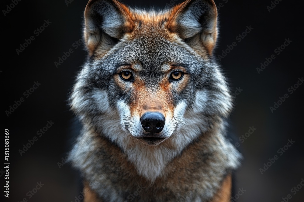 Close up portrait of a wolf looking at the camera on a plain dark background Close up portrait of a wolf looking at the camera on a plain dark background