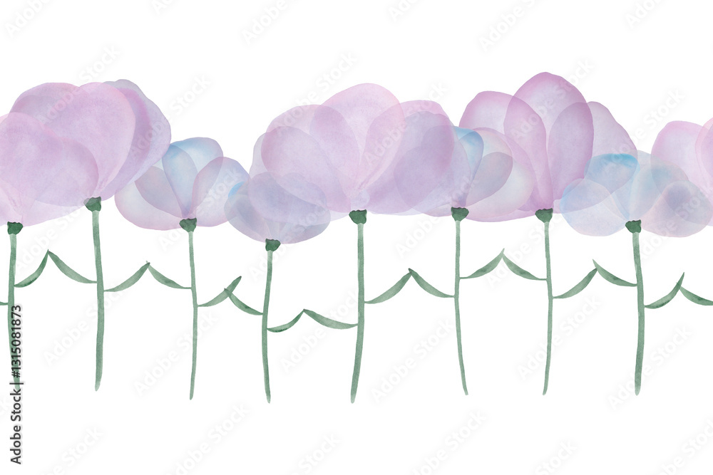 Seamless border of purple watercolor flowers. Conceptual watercolor illustration about togetherness, friendship and unity.