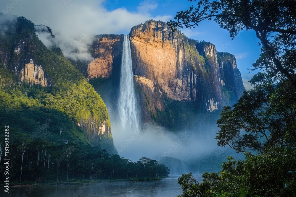Fototapeta premium Stunning Morning View of Angel Falls: A Gorgeous Waterfall in the Heart of Venezuela's Breathtaking Landscape