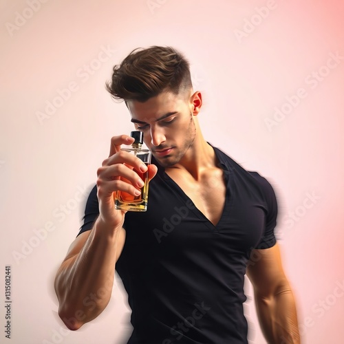 muscular guy in black shirt holding perfume and spraying himself