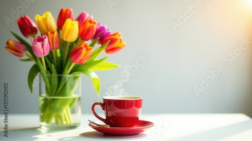 Wallpaper Mural A vibrant bouquet of colorful tulips arranged in a clear glass vase, accompanied by a steaming cup of coffee in a matching red mug on a saucer, creating a serene and cheerful morning scene. Torontodigital.ca