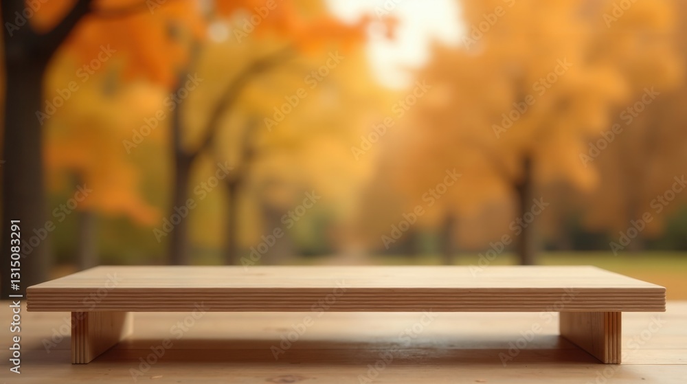 Fototapeta premium Autumnal Park Setting with Simple Wooden Display Platform