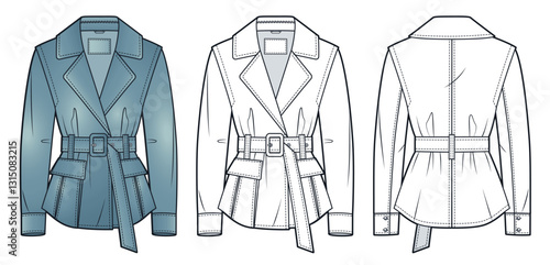 Belted Blazer Jacket Technical Fashion Illustration. Denim Jacket fashion flat technical drawing template, cuff sleeves, lapel collar, front and back view, white, blue, women, men, unisex CAD mockup.
