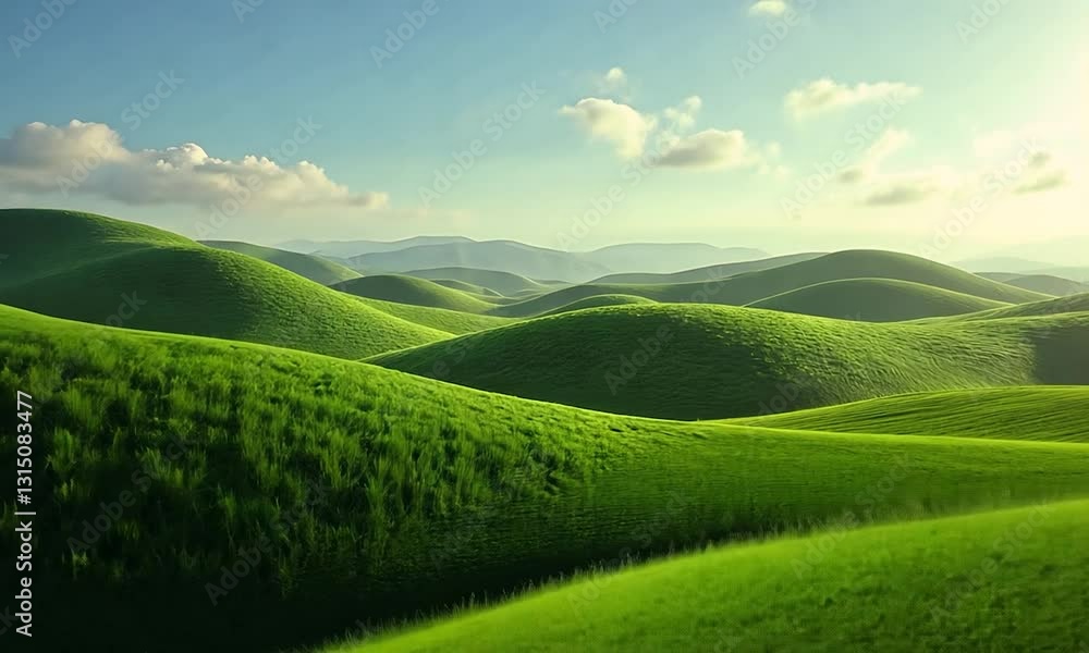 Open green fields with gentle hills under a bright and sunny sky. Open green fields with gentle hills under a bright and sunny sky.