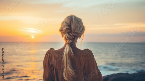  Woman with Braided Ponytail Watching Sunset at the Beach